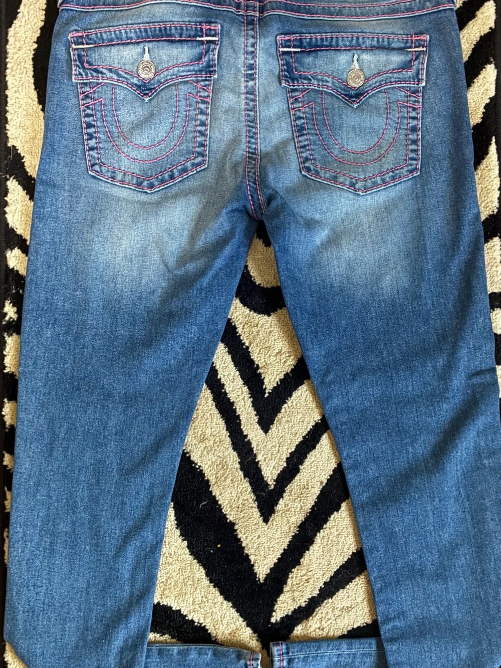 True Religion Mid-Blue Skinny Jeans with Pink Stitching